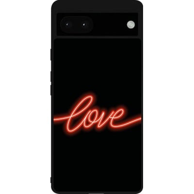 Coque Google Pixel 6a - Silicone rigide noir Valentine 2023 neon love