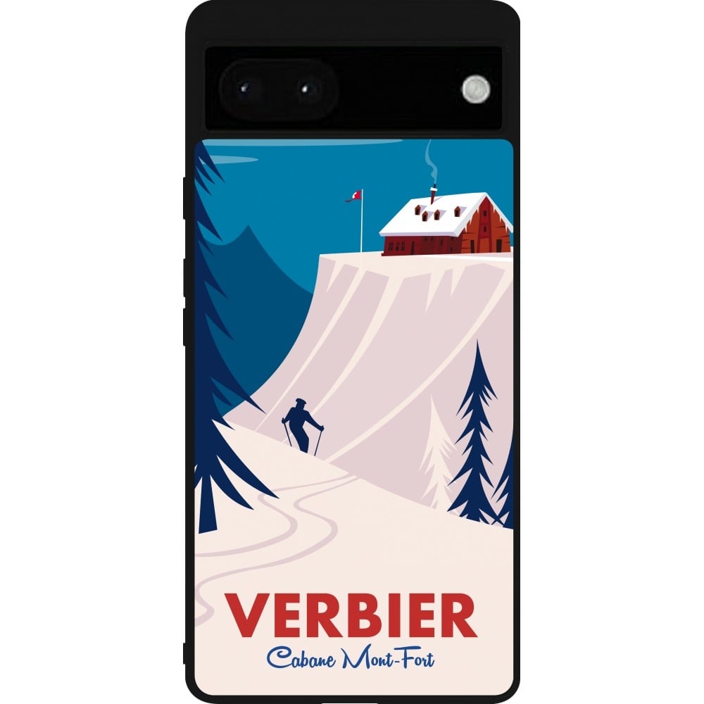 Coque Google Pixel 6a - Silicone rigide noir Verbier Cabane Mont-Fort