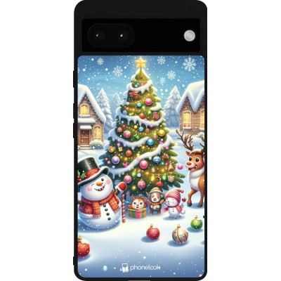 Coque Google Pixel 6a - Silicone rigide noir Noël 2023 bonhomme de neige et sapin