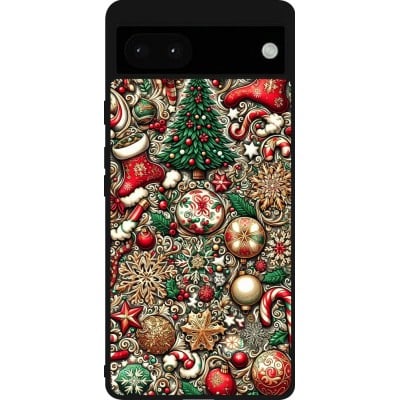 Coque Google Pixel 6a - Silicone rigide noir Noël 2023 micro pattern