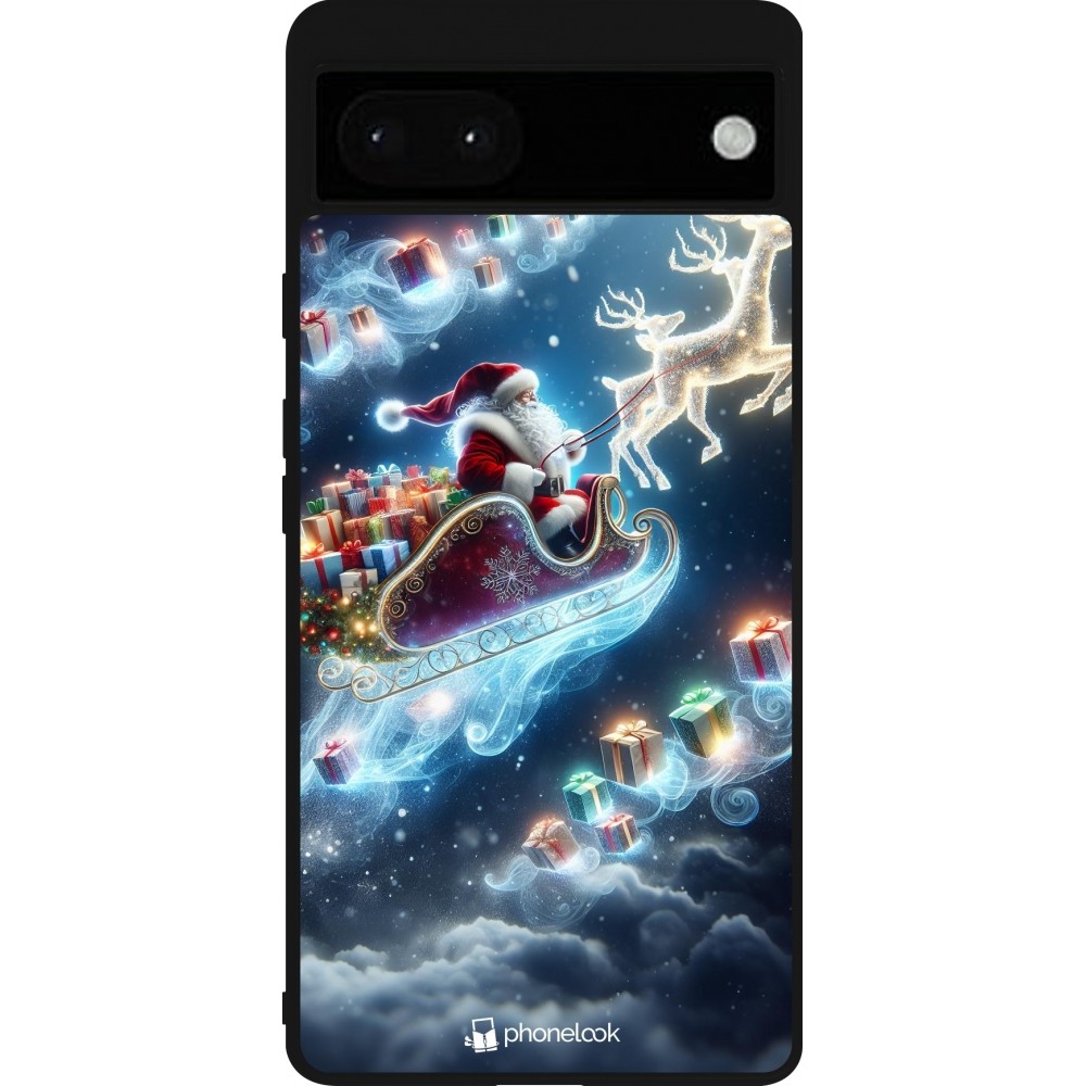 Coque Google Pixel 6a - Silicone rigide noir Noël 2023 Père Noël enchanté