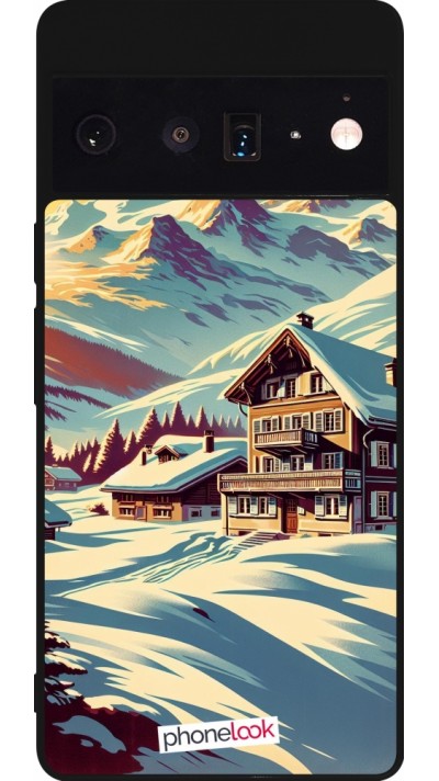 Coque Google Pixel 6 Pro - Silicone rigide noir Chalet montagne enneigée