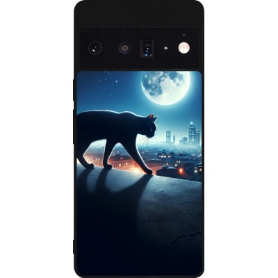 Coque Google Pixel 6 Pro - Silicone rigide noir Chat noir sous la pleine lune