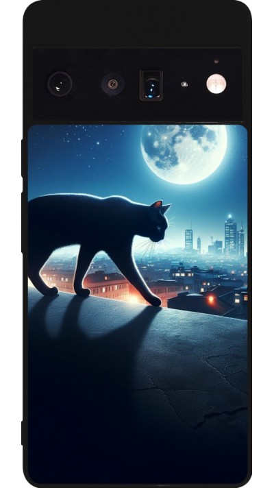 Coque Google Pixel 6 Pro - Silicone rigide noir Chat noir sous la pleine lune