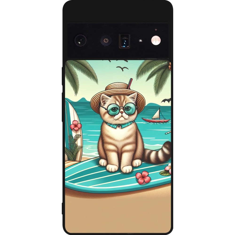 Coque Google Pixel 6 Pro - Silicone rigide noir Chat Surf Style