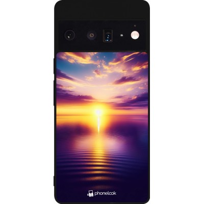 Coque Google Pixel 6 Pro - Silicone rigide noir Coucher soleil jaune violet