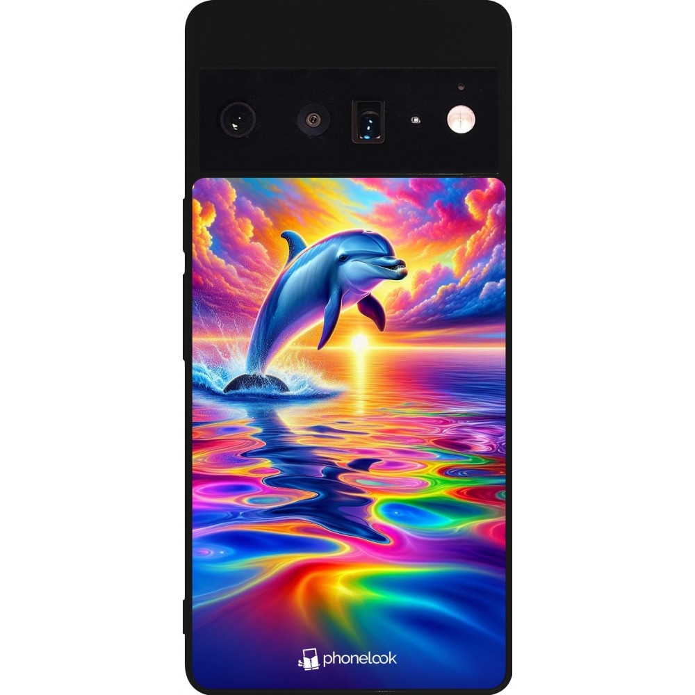 Coque Google Pixel 6 Pro - Silicone rigide noir Dauphin arc-en-ciel heureux