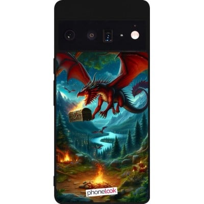 Coque Google Pixel 6 Pro - Silicone rigide noir Dragon Volant Forêt Trésor