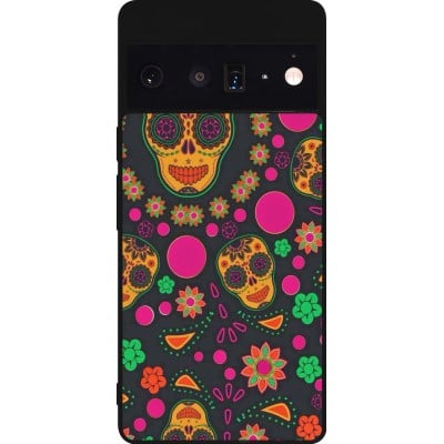 Coque Google Pixel 6 Pro - Silicone rigide noir Halloween 22 colorful mexican skulls