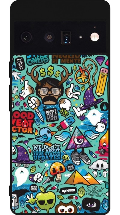 Coque Google Pixel 6 Pro - Silicone rigide noir Mixed Cartoons Turquoise