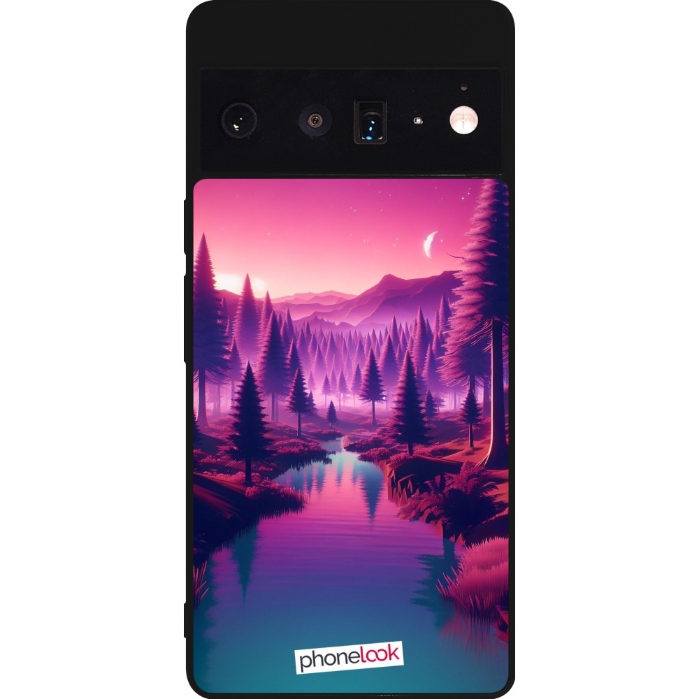 Coque Google Pixel 6 Pro - Silicone rigide noir Paysage Violet-Rose