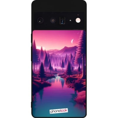 Coque Google Pixel 6 Pro - Silicone rigide noir Paysage Violet-Rose