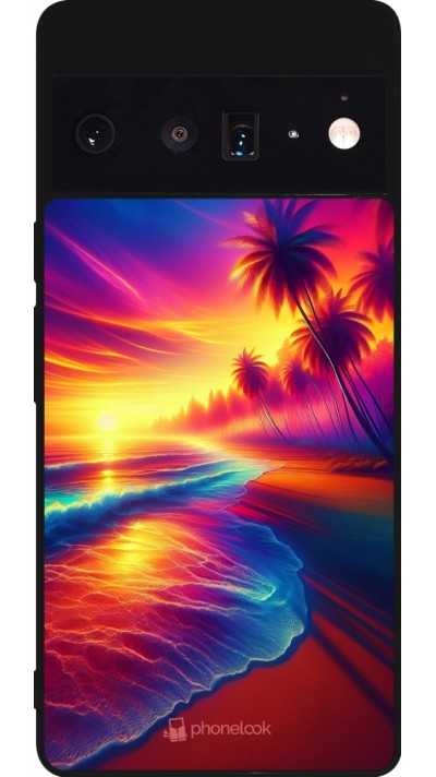 Coque Google Pixel 6 Pro - Silicone rigide noir Plage coucher soleil flashy