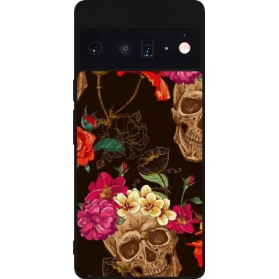 Coque Google Pixel 6 Pro - Silicone rigide noir Skulls and flowers