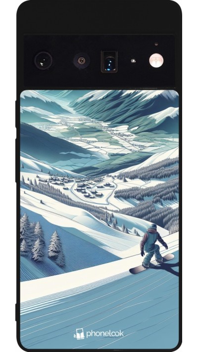 Coque Google Pixel 6 Pro - Silicone rigide noir Snowboarder Montagne