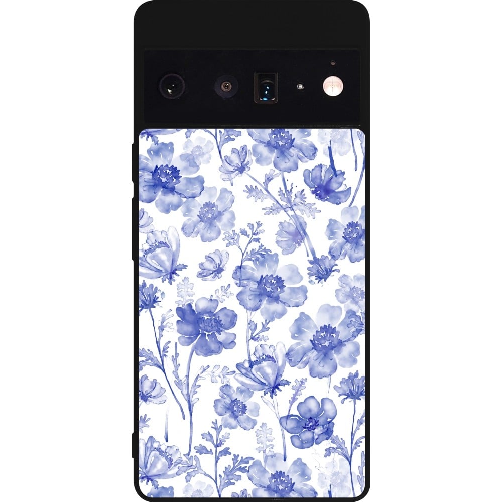 Coque Google Pixel 6 Pro - Silicone rigide noir Spring 23 watercolor blue flowers