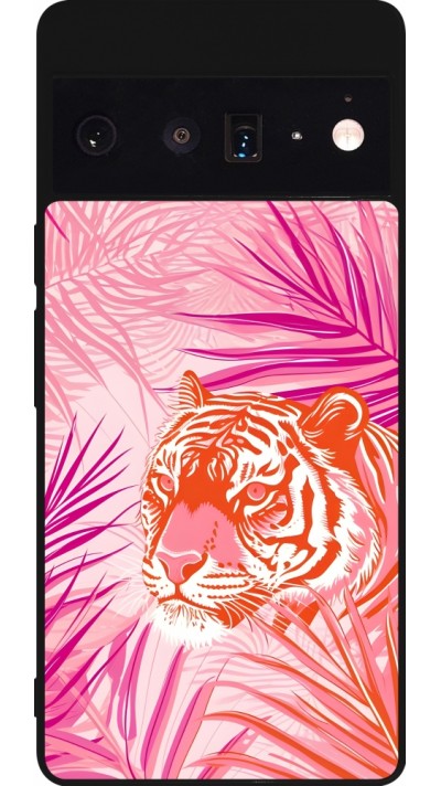 Coque Google Pixel 6 Pro - Silicone rigide noir Tigre palmiers roses