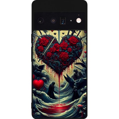 Coque Google Pixel 6 Pro - Silicone rigide noir Dark Love Coeur Sang