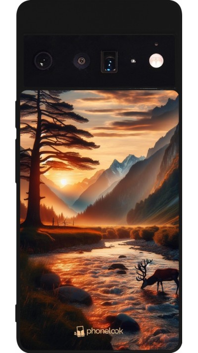 Coque Google Pixel 6 Pro - Silicone rigide noir Valley Sunset Deer Tree