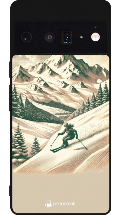 Coque Google Pixel 6 Pro - Silicone rigide noir Vintage Ski Mountain