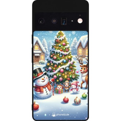 Coque Google Pixel 6 Pro - Silicone rigide noir Noël 2023 bonhomme de neige et sapin