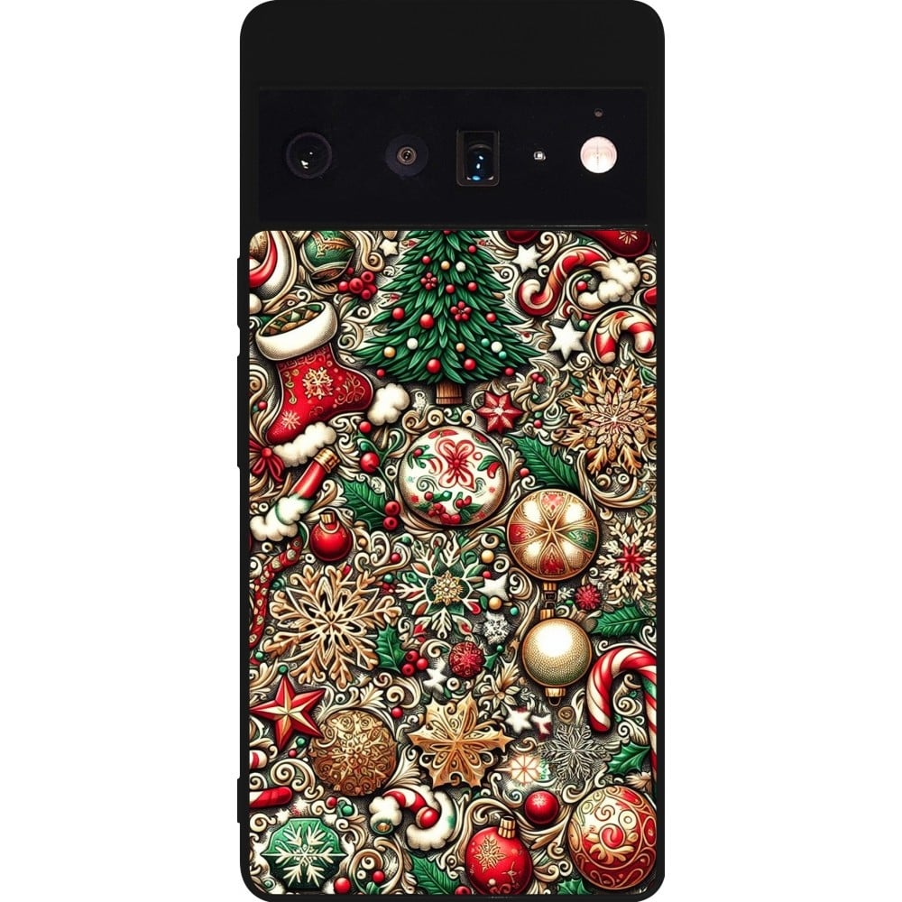 Coque Google Pixel 6 Pro - Silicone rigide noir Noël 2023 micro pattern