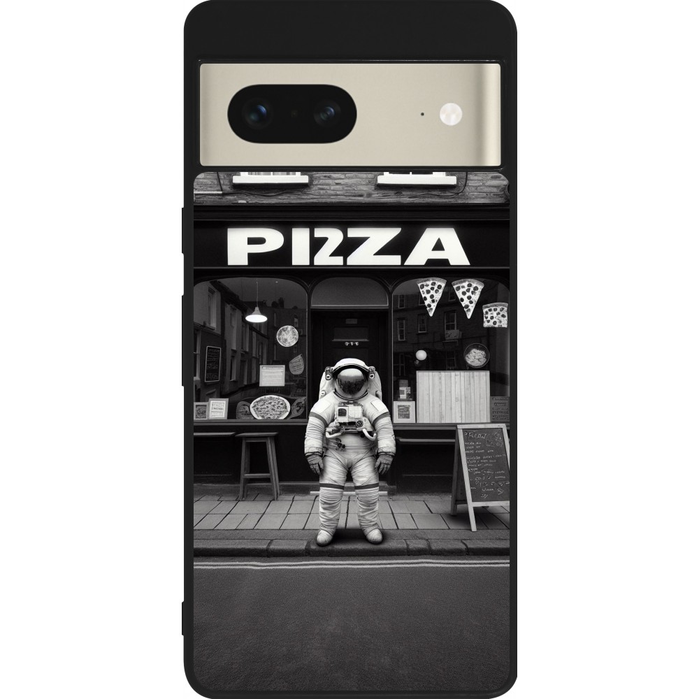 Google Pixel 7 Case Hülle - Silikon schwarz Astronaut vor einer Pizzeria