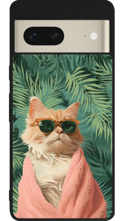 Coque Google Pixel 7 - Silicone rigide noir Cat Summer Palms