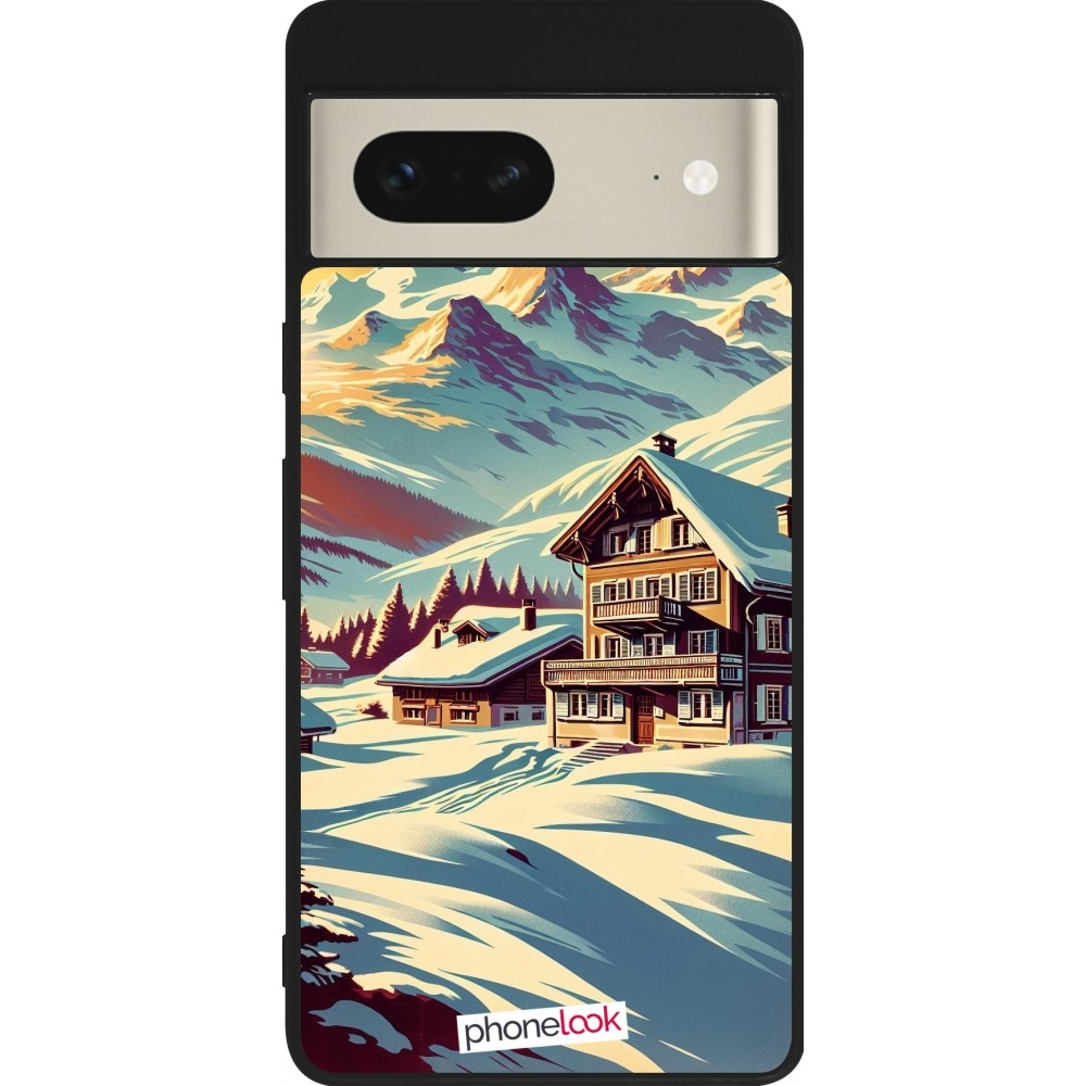 Coque Google Pixel 7 - Silicone rigide noir Chalet montagne enneigée