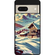 Coque Google Pixel 7 - Silicone rigide noir Chalet montagne enneigée