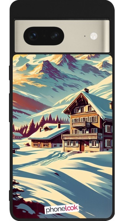 Coque Google Pixel 7 - Silicone rigide noir Chalet montagne enneigée