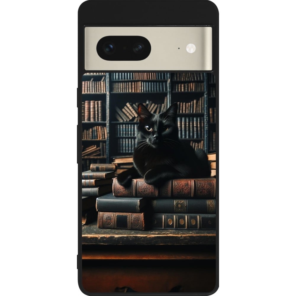 Coque Google Pixel 7 - Silicone rigide noir Chat livres sombres