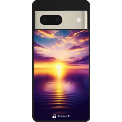 Coque Google Pixel 7 - Silicone rigide noir Coucher soleil jaune violet