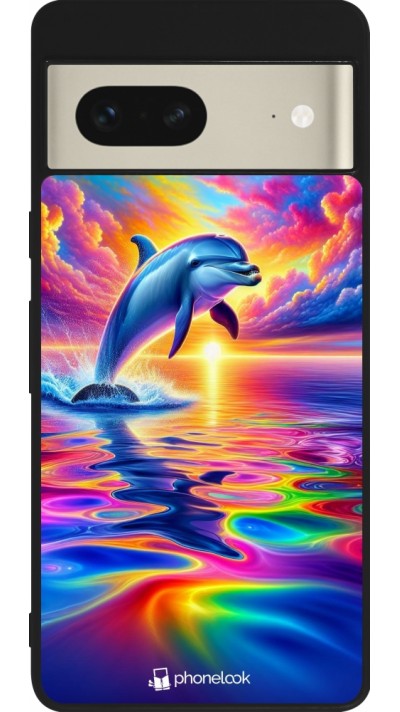 Coque Google Pixel 7 - Silicone rigide noir Dauphin arc-en-ciel heureux