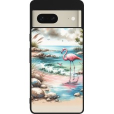 Coque Google Pixel 7 - Silicone rigide noir Flamant rose aquarelle