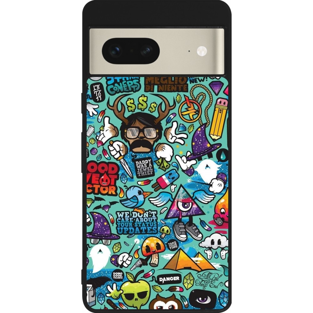 Coque Google Pixel 7 - Silicone rigide noir Mixed Cartoons Turquoise