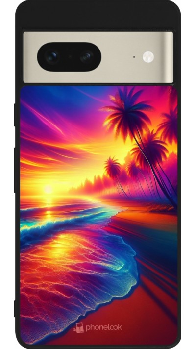 Coque Google Pixel 7 - Silicone rigide noir Plage coucher soleil flashy