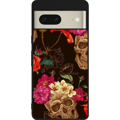 Coque Google Pixel 7 - Silicone rigide noir Skulls and flowers