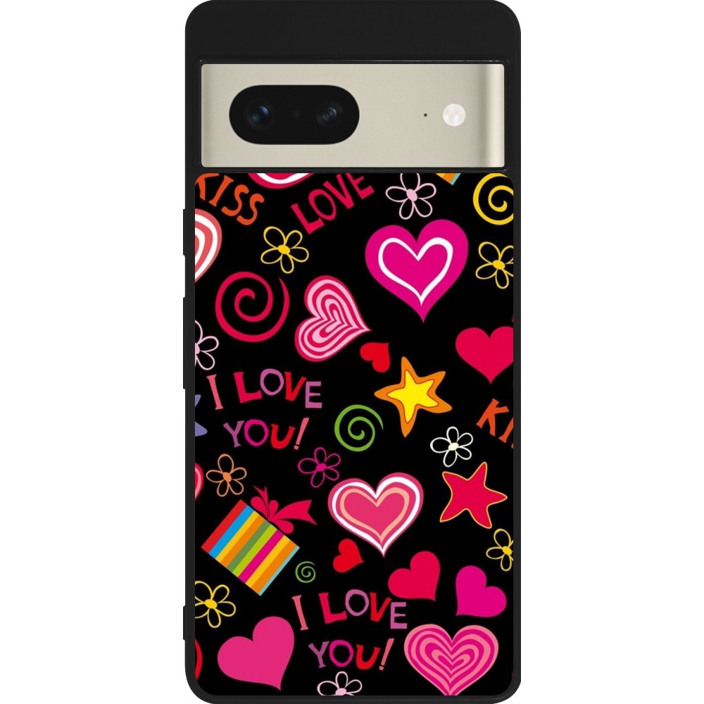 Coque Google Pixel 7 - Silicone rigide noir Valentine 2023 love symbols