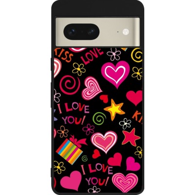 Coque Google Pixel 7 - Silicone rigide noir Valentine 2023 love symbols