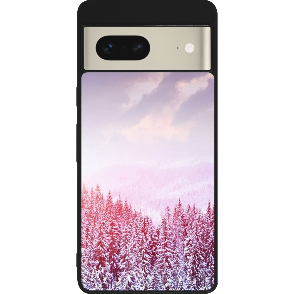 Coque Google Pixel 7 - Silicone rigide noir Winter 22 Pink Forest