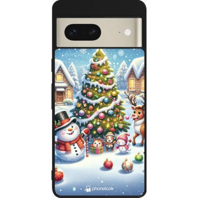 Coque Google Pixel 7 - Silicone rigide noir Noël 2023 bonhomme de neige et sapin