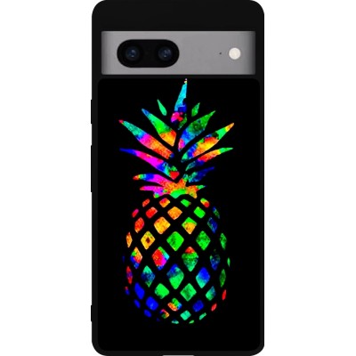 Coque Google Pixel 7a - Silicone rigide noir Ananas Multi-colors