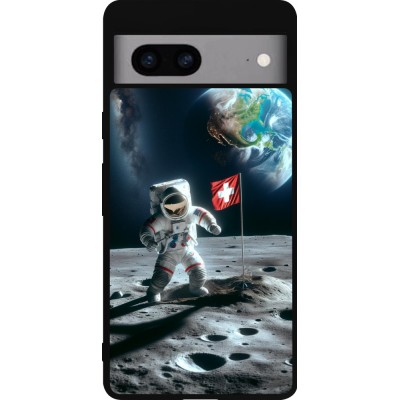 Coque Google Pixel 7a - Silicone rigide noir Astro Suisse sur lune