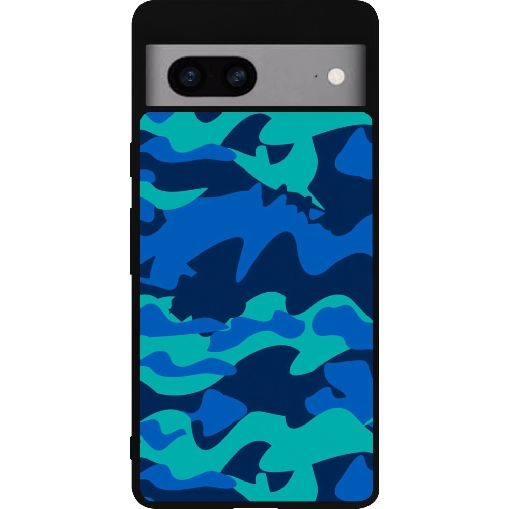 Coque Google Pixel 7a - Silicone rigide noir Camo Blue