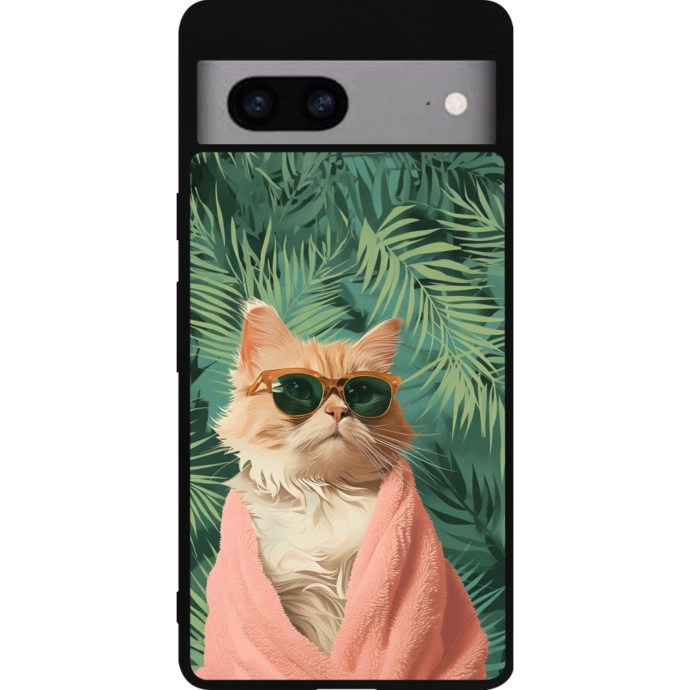 Coque Google Pixel 7a - Silicone rigide noir Cat Summer Palms