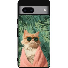 Coque Google Pixel 7a - Silicone rigide noir Cat Summer Palms