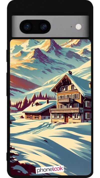 Coque Google Pixel 7a - Silicone rigide noir Chalet montagne enneigée