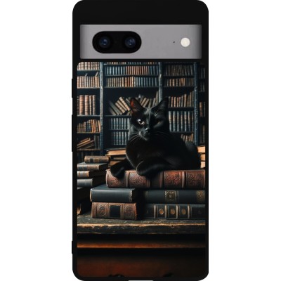 Coque Google Pixel 7a - Silicone rigide noir Chat livres sombres