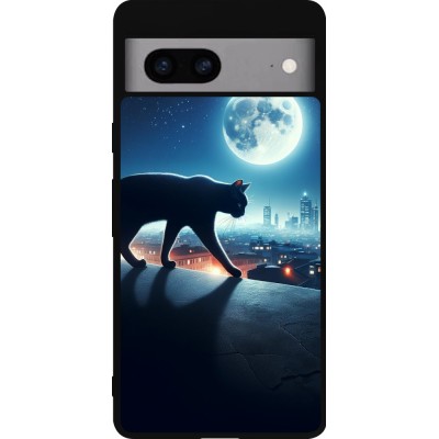 Coque Google Pixel 7a - Silicone rigide noir Chat noir sous la pleine lune